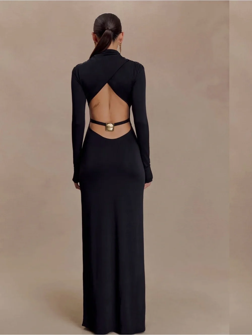 Meshki Black Long-Sleeve Backless Dress with Gold Buckle Detail - Picture 3 of 3